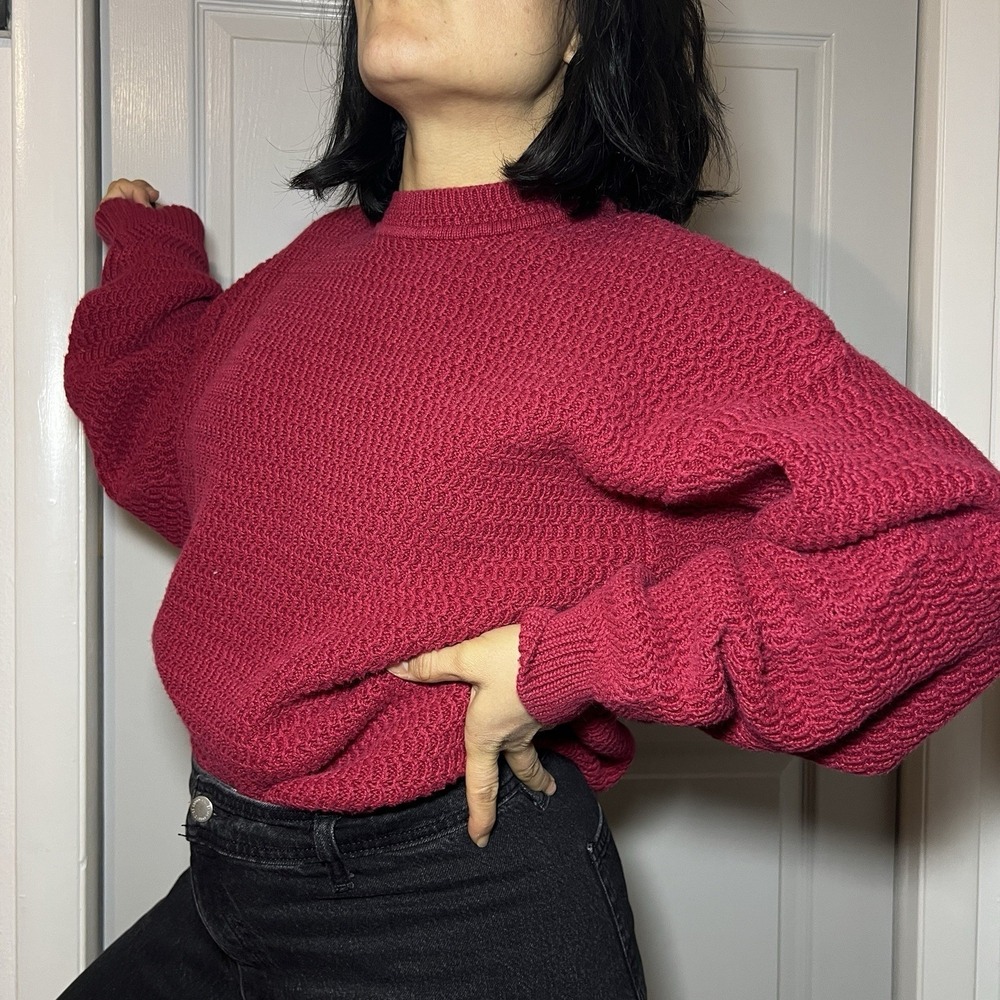 Vintage 90s Red Cotton Fisherman Knit Sweater Traditional Coastal Large - Picture 4 of 11